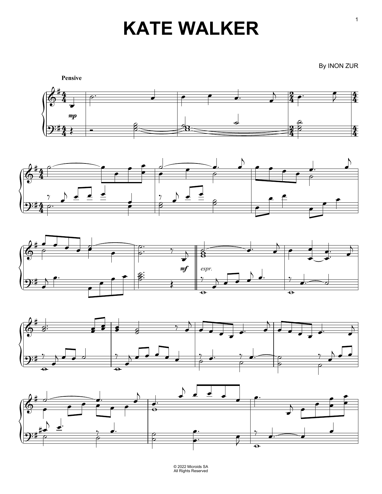 Inon Zur Kate Walker (from Syberia: The World Before) sheet music notes and chords arranged for Piano Solo