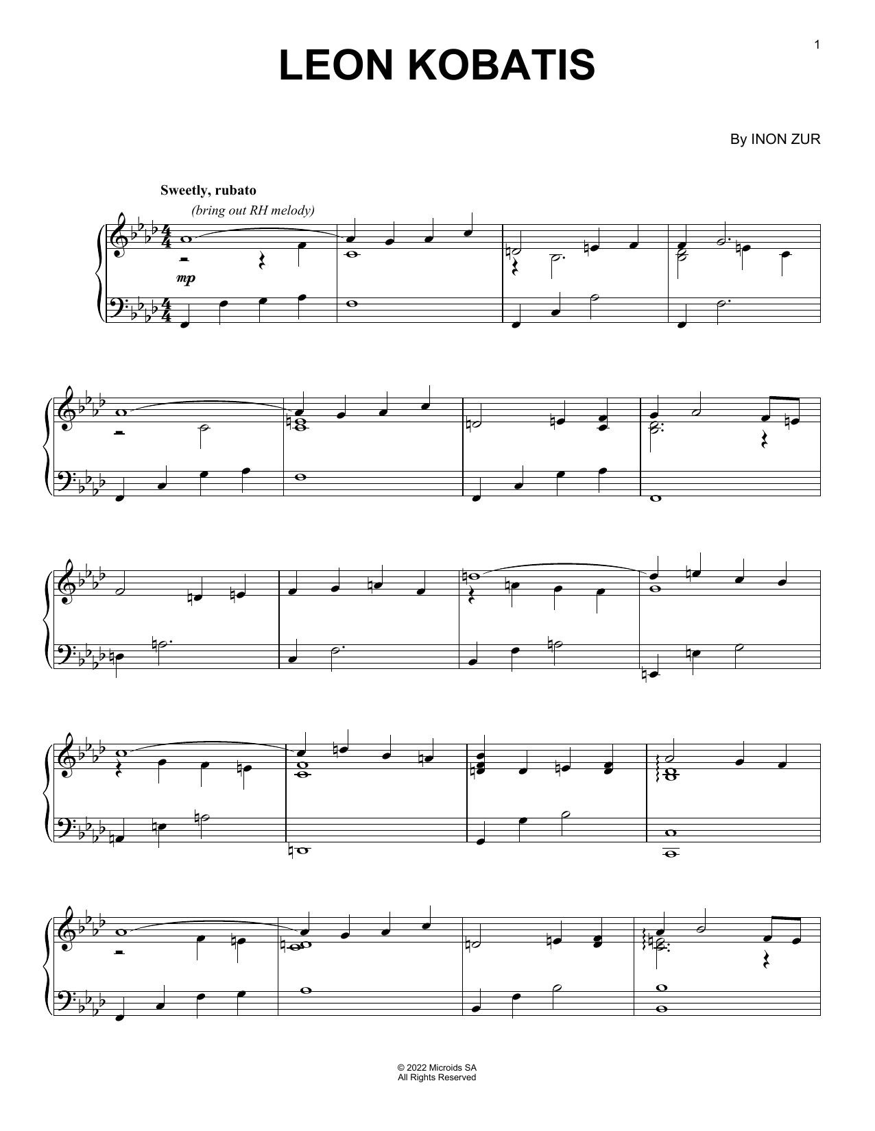 Inon Zur Leon Kobatis (from Syberia: The World Before) sheet music notes and chords arranged for Piano Solo