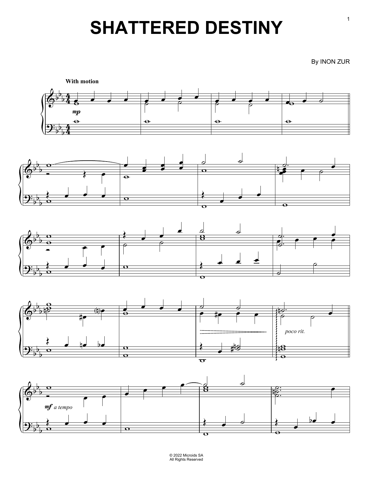 Inon Zur Shattered Destiny (from Syberia: The World Before) sheet music notes and chords arranged for Piano Solo