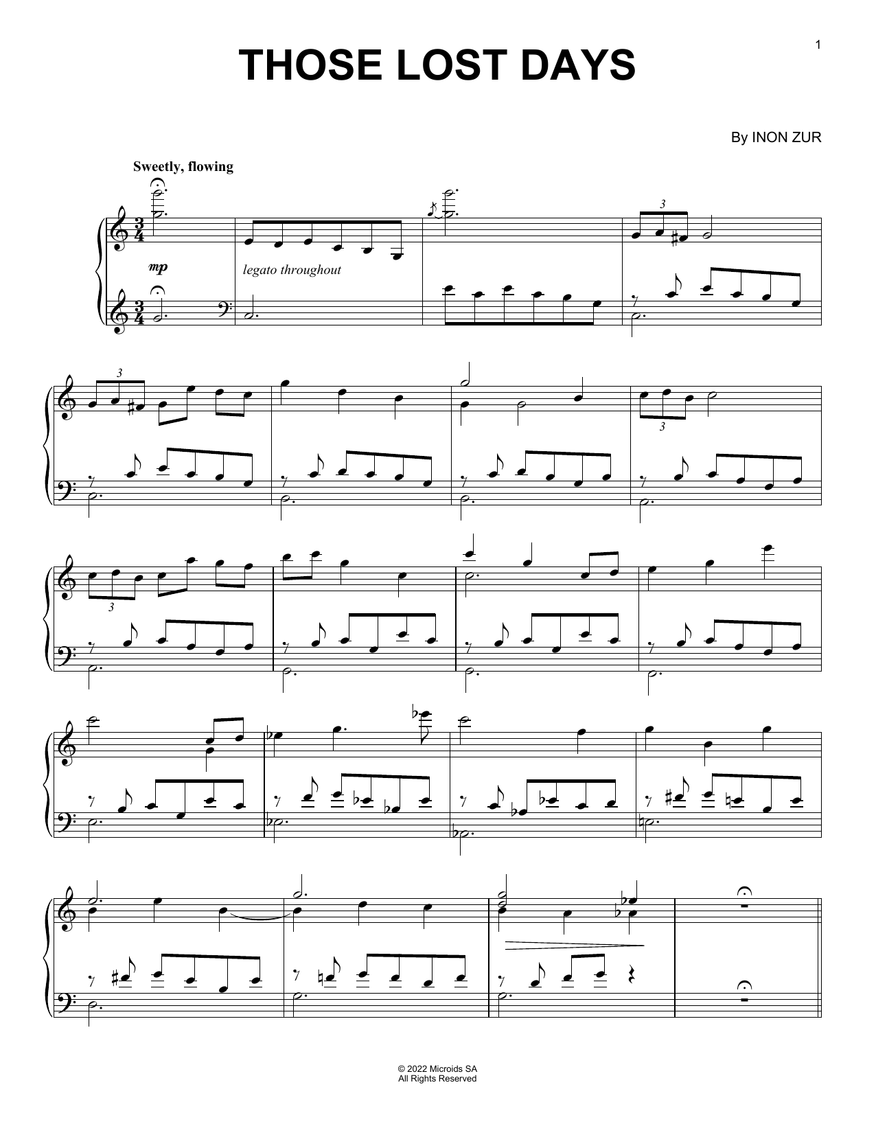 Inon Zur Those Lost Days (from Syberia: The World Before) sheet music notes and chords arranged for Piano Solo
