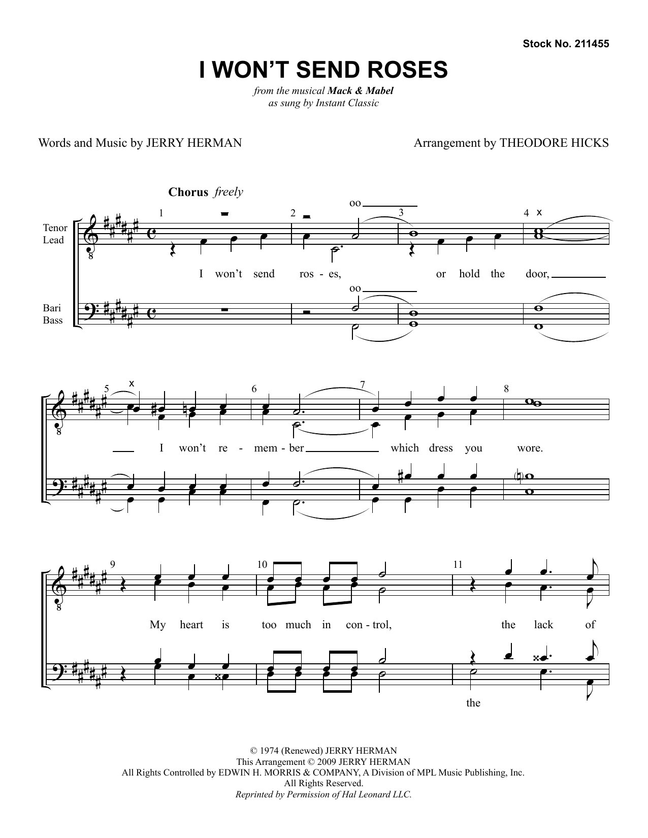 Instant Classic I Won't Send Roses (from Mack & Mabel) (arr. Theodore Hicks) sheet music notes and chords arranged for TTBB Choir