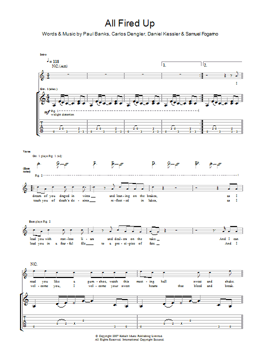 Interpol All Fired Up sheet music notes and chords arranged for Guitar Tab