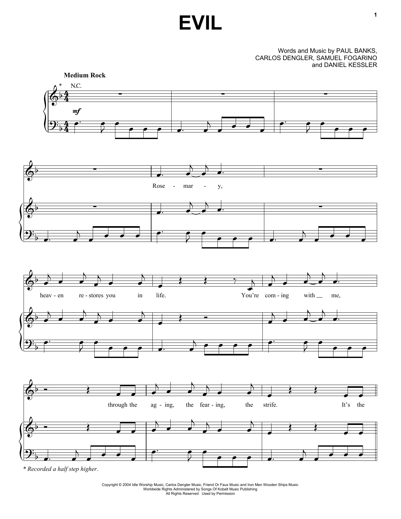 Interpol Evil sheet music notes and chords arranged for Piano, Vocal & Guitar Chords (Right-Hand Melody)