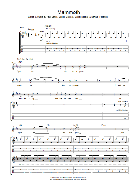 Interpol Mammoth sheet music notes and chords arranged for Guitar Tab