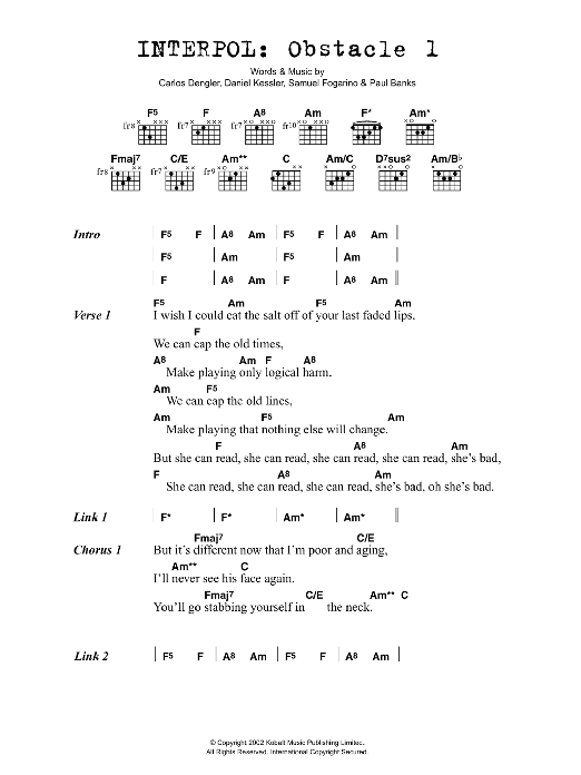 Interpol Obstacle 1 sheet music notes and chords arranged for Guitar Chords/Lyrics