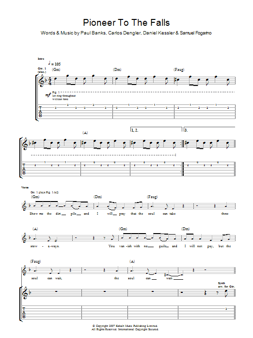 Interpol Pioneer To The Falls sheet music notes and chords arranged for Guitar Tab