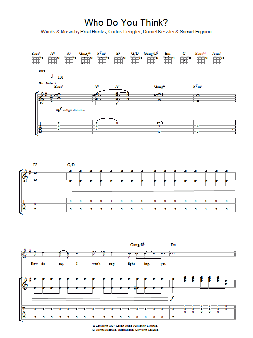 Interpol Who Do You Think sheet music notes and chords arranged for Guitar Tab