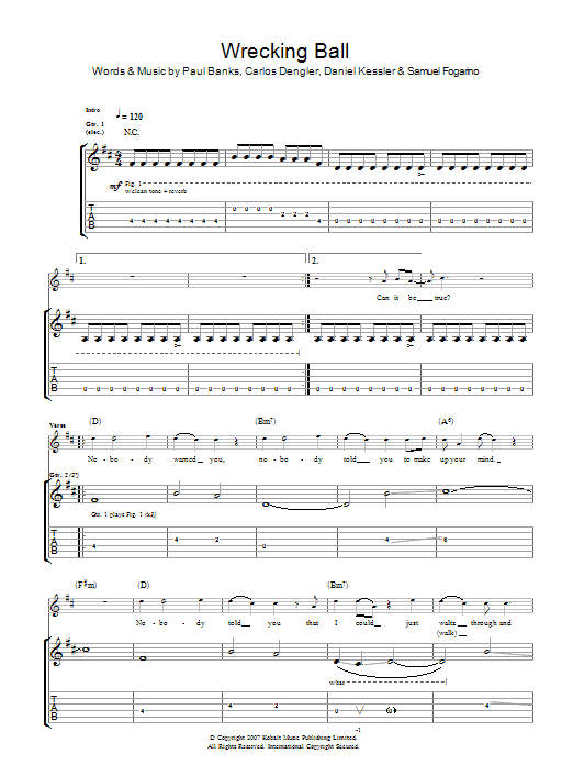 Interpol Wrecking Ball sheet music notes and chords arranged for Guitar Tab