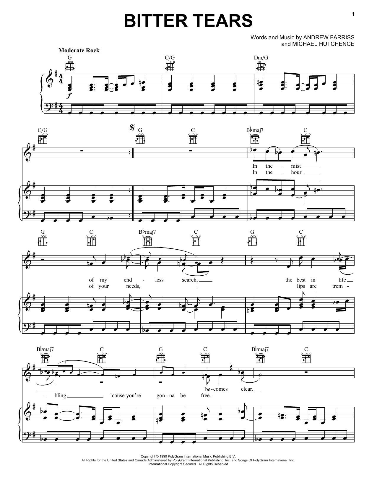 INXS Bitter Tears sheet music notes and chords arranged for Piano, Vocal & Guitar Chords (Right-Hand Melody)