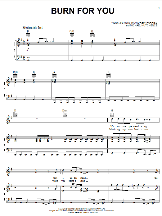 INXS Burn For You sheet music notes and chords arranged for Piano, Vocal & Guitar Chords (Right-Hand Melody)