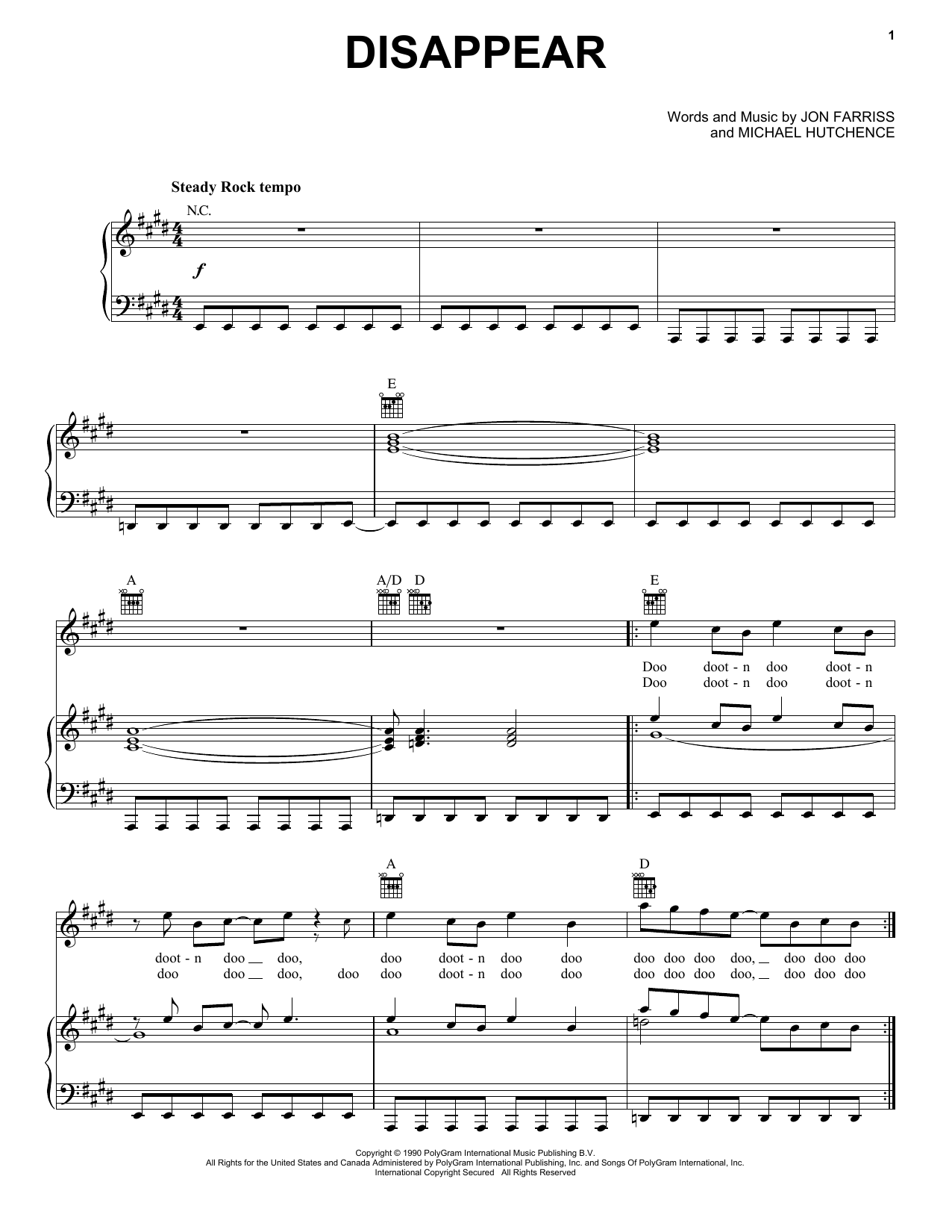 INXS Disappear sheet music notes and chords arranged for Piano, Vocal & Guitar Chords (Right-Hand Melody)