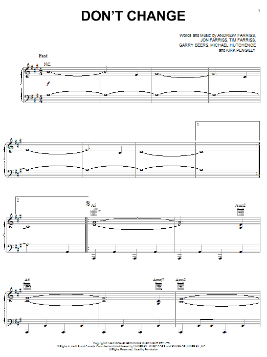 INXS Don't Change sheet music notes and chords arranged for Piano, Vocal & Guitar Chords (Right-Hand Melody)