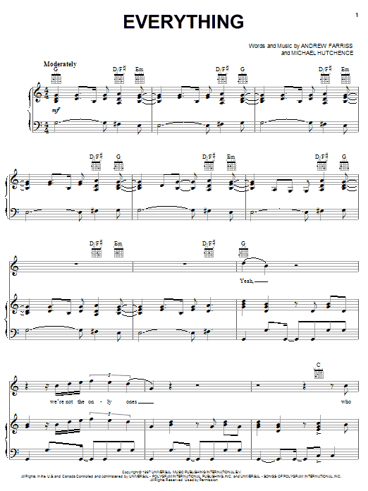 INXS Everything sheet music notes and chords arranged for Piano, Vocal & Guitar Chords (Right-Hand Melody)
