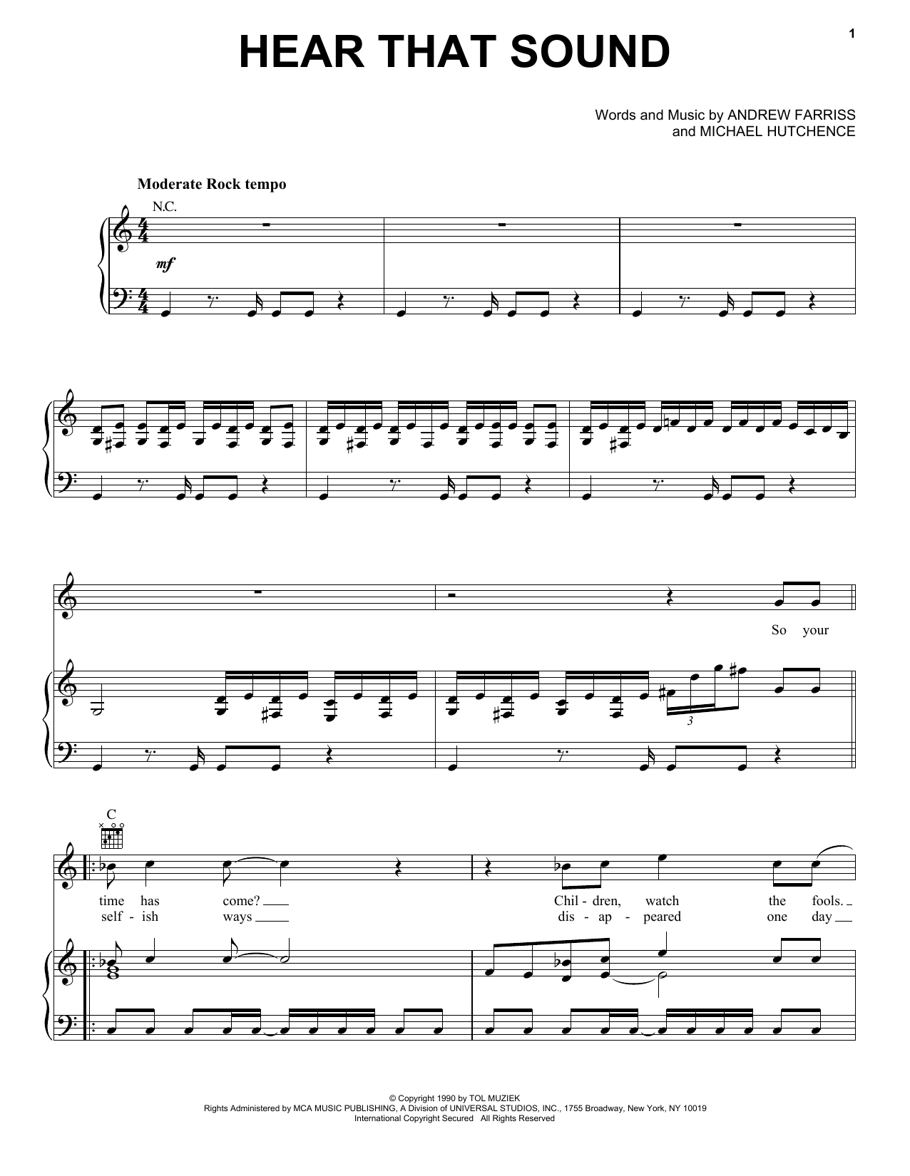 INXS Hear That Sound sheet music notes and chords arranged for Piano, Vocal & Guitar Chords (Right-Hand Melody)