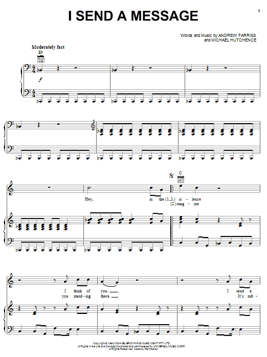 INXS I Send A Message sheet music notes and chords arranged for Piano, Vocal & Guitar Chords