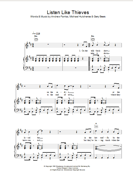 INXS Listen Like Thieves sheet music notes and chords arranged for Piano, Vocal & Guitar Chords