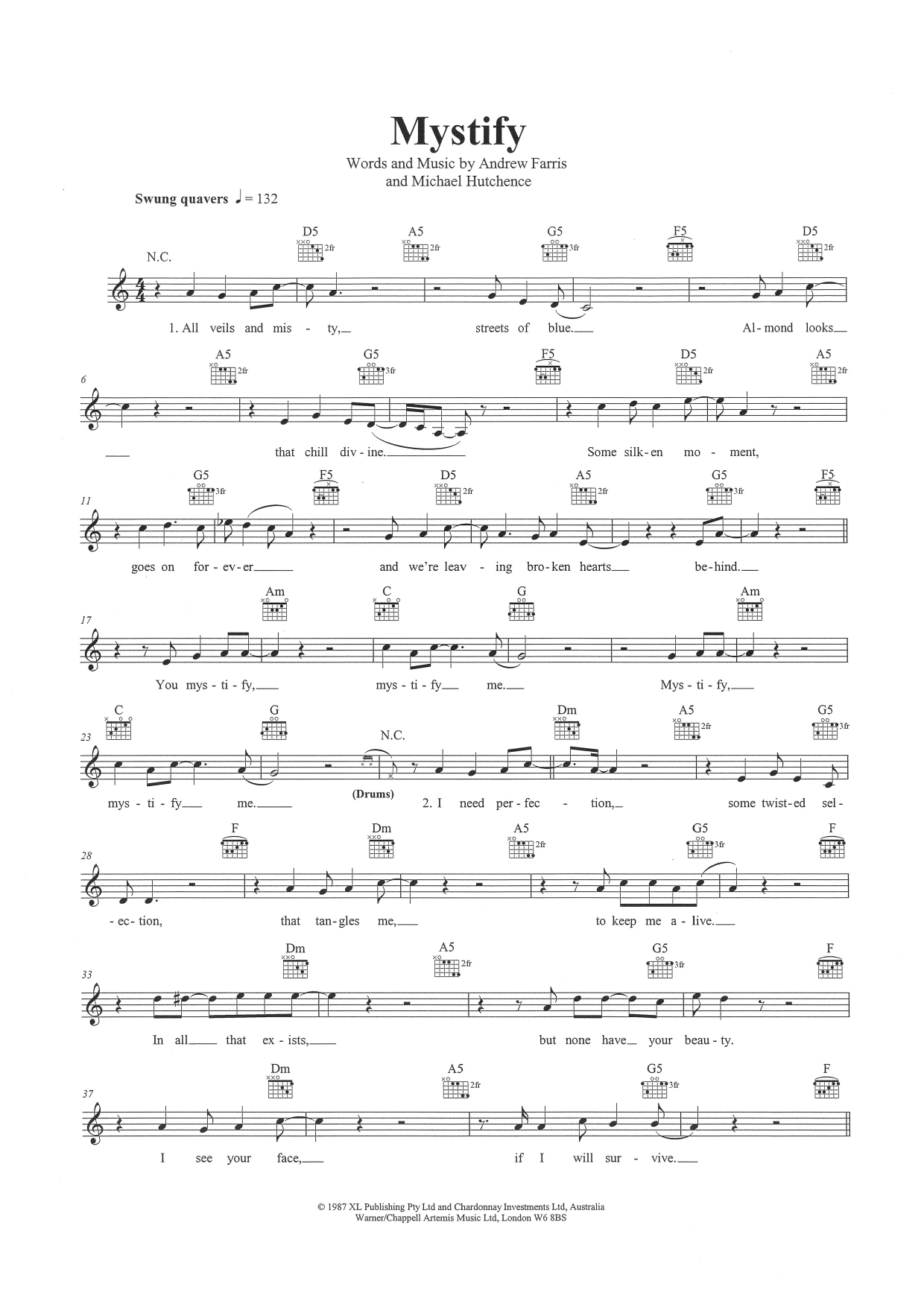 INXS Mystify sheet music notes and chords arranged for Lead Sheet / Fake Book