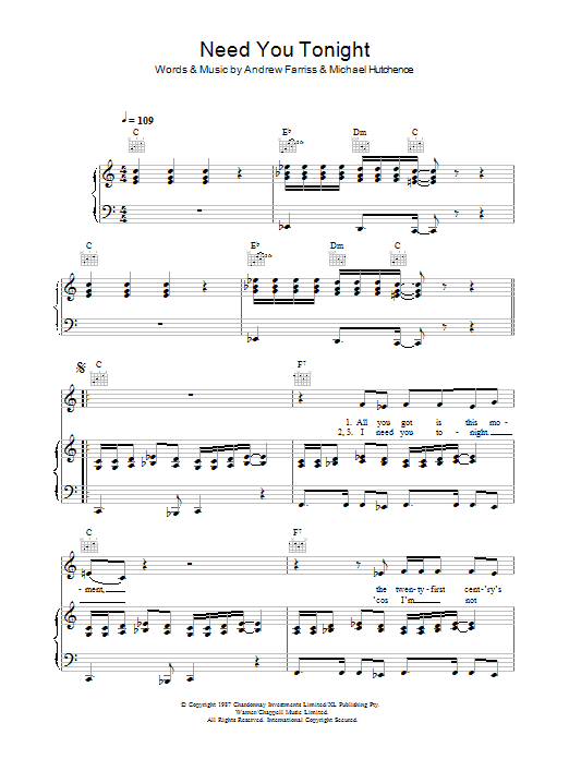 INXS Need You Tonight sheet music notes and chords arranged for Guitar Chords/Lyrics