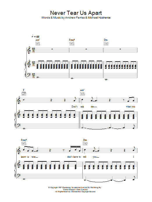 INXS Never Tear Us Apart sheet music notes and chords arranged for Piano, Vocal & Guitar Chords (Right-Hand Melody)
