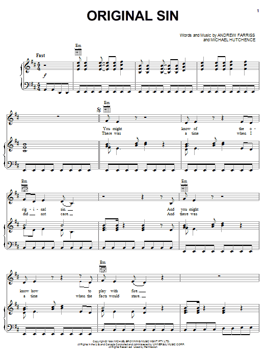 INXS Original Sin sheet music notes and chords arranged for Piano, Vocal & Guitar Chords (Right-Hand Melody)