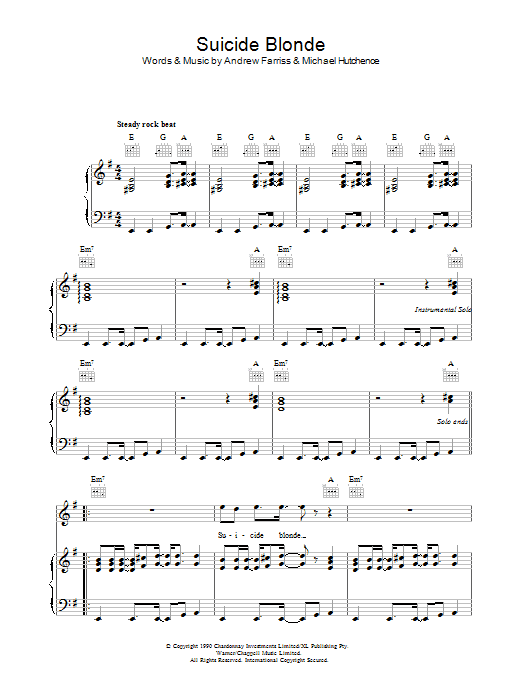 INXS Suicide Blonde sheet music notes and chords arranged for Piano, Vocal & Guitar Chords