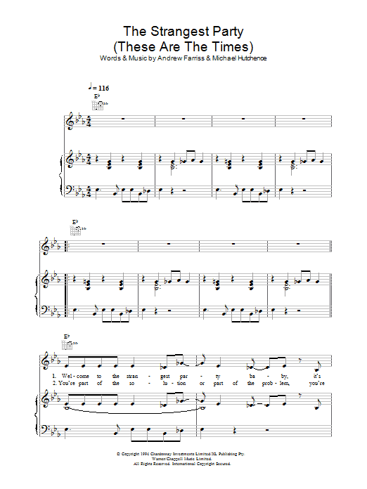INXS The Strangest Party (These Are The Times) sheet music notes and chords arranged for Piano, Vocal & Guitar Chords