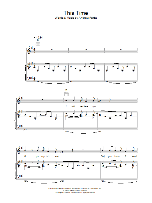 INXS This Time sheet music notes and chords arranged for Piano, Vocal & Guitar Chords