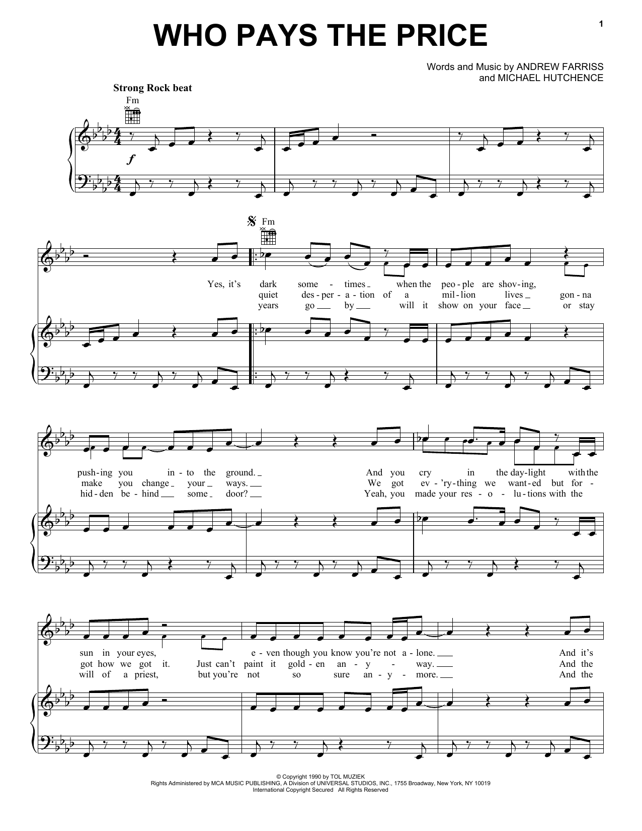 INXS Who Pays The Price sheet music notes and chords arranged for Piano, Vocal & Guitar Chords (Right-Hand Melody)