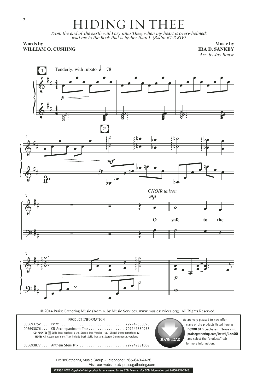 Ira D. Sankey Hiding In Thee (arr. Jay Rouse) sheet music notes and chords arranged for SATB Choir