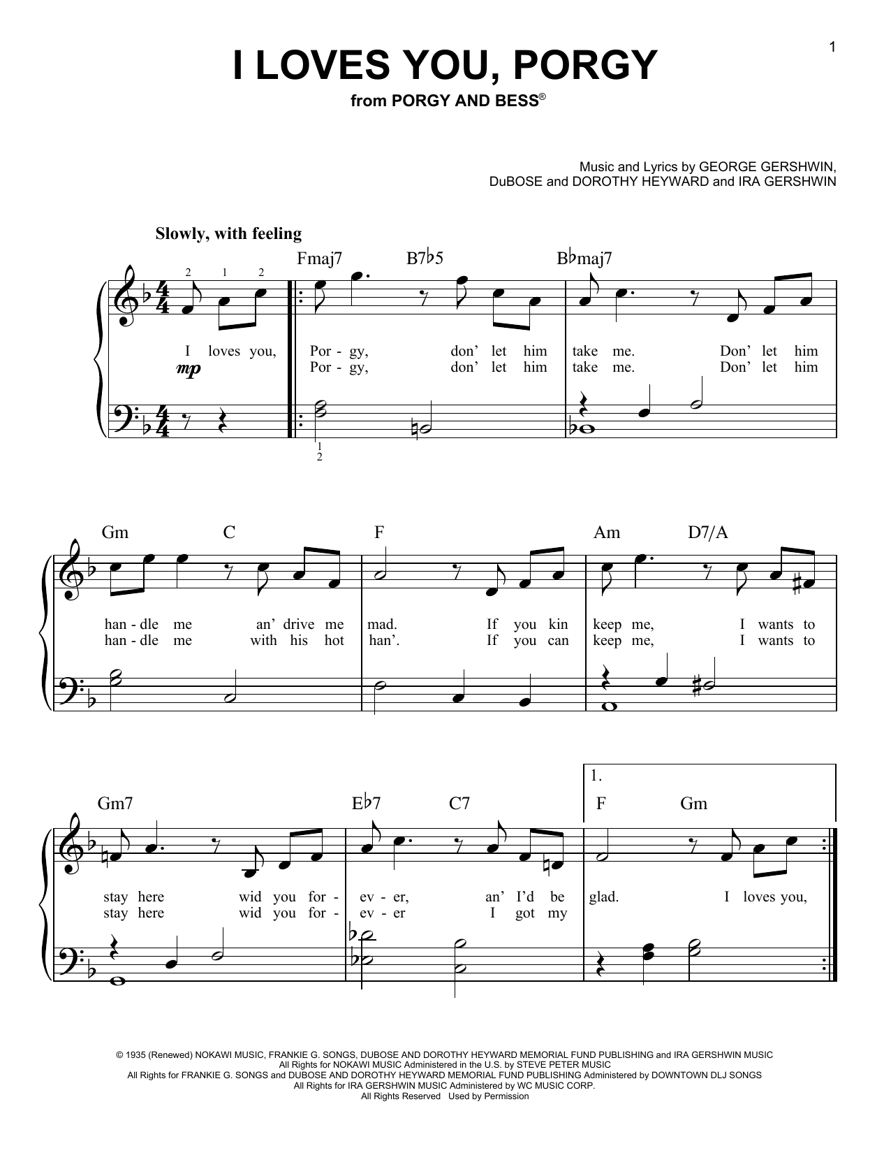 George Gershwin I Loves You, Porgy (from Porgy And Bess) sheet music notes and chords arranged for Very Easy Piano