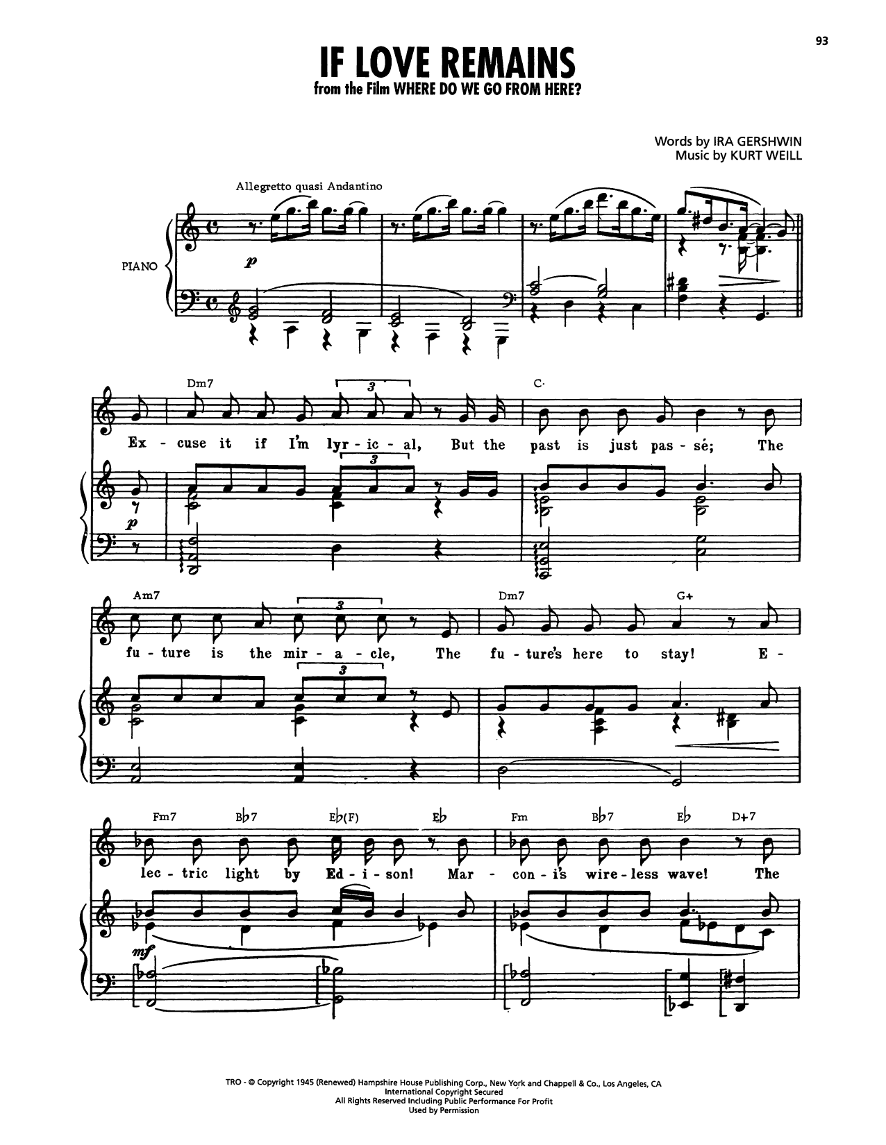 Ira Gershwin If Love Remains (from Where Do We Go From Here?) sheet music notes and chords arranged for Piano, Vocal & Guitar Chords (Right-Hand Melody)