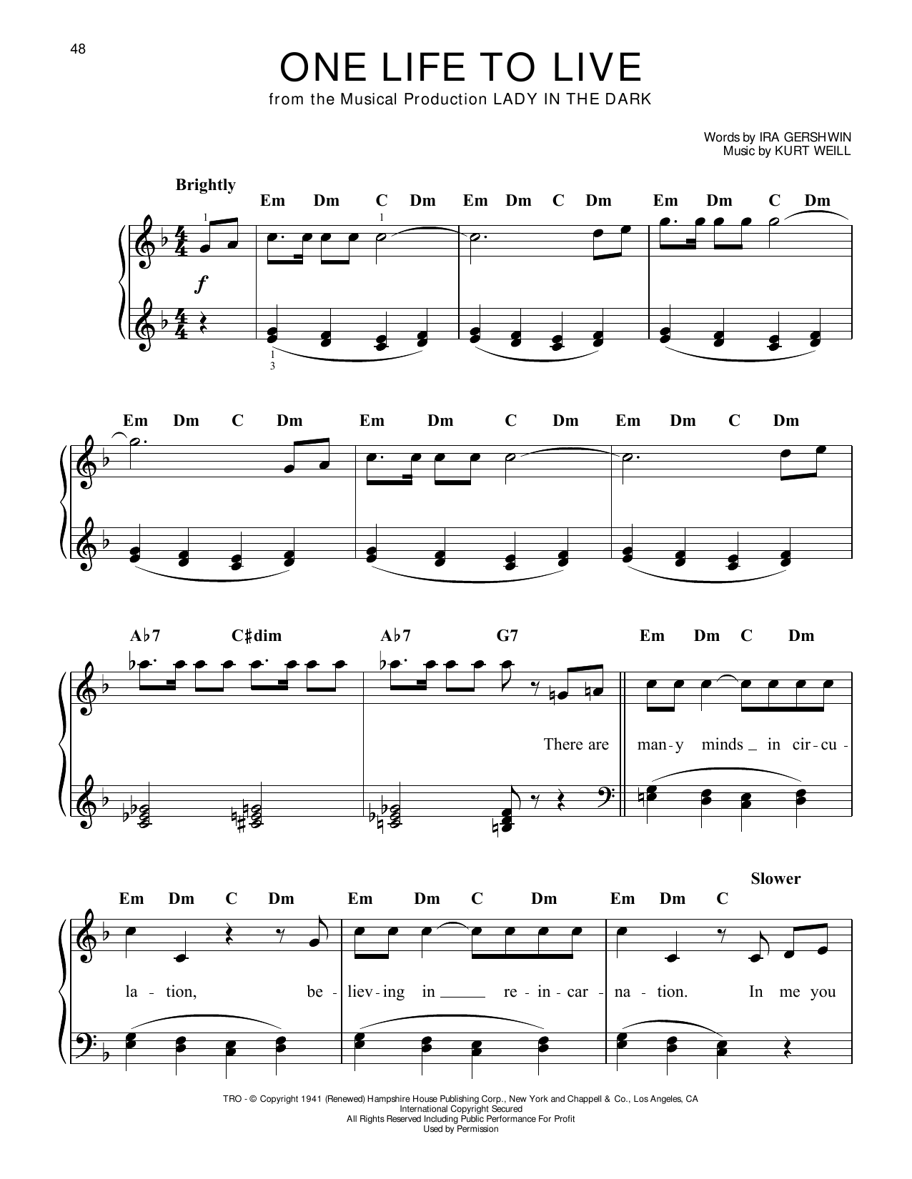 Ira Gershwin One Life To Live (from Lady In The Dark) sheet music notes and chords arranged for Easy Piano