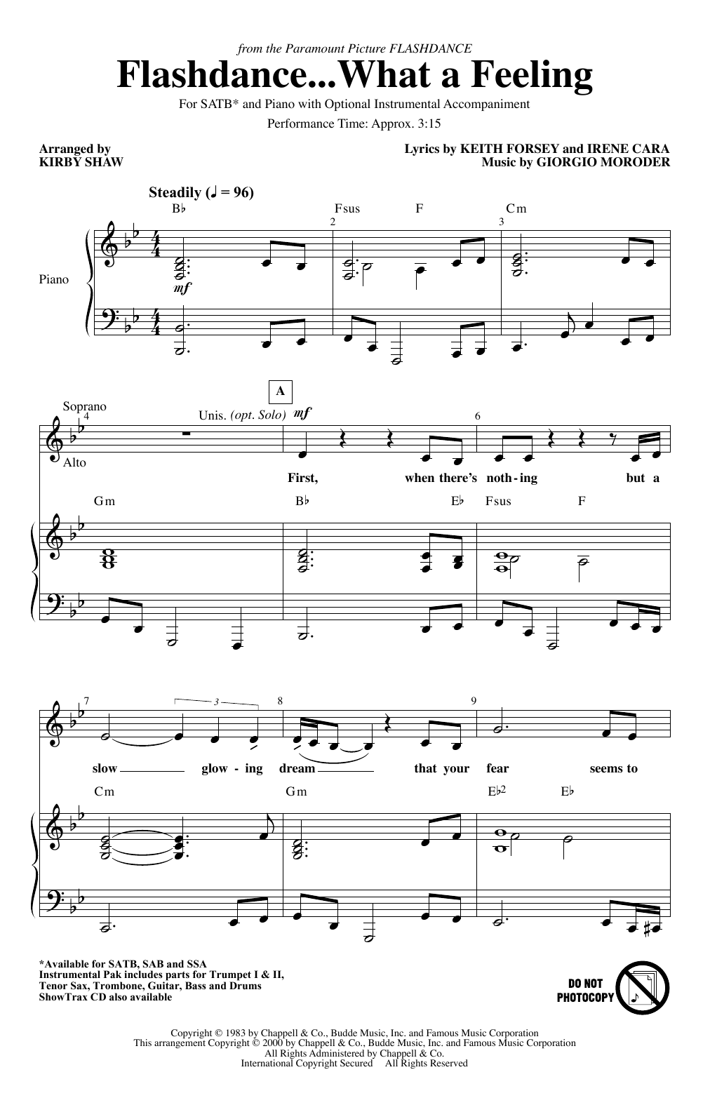Irene Cara Flashdance...What A Feeling (from Flashdance) (arr. Kirby Shaw) sheet music notes and chords arranged for SATB Choir