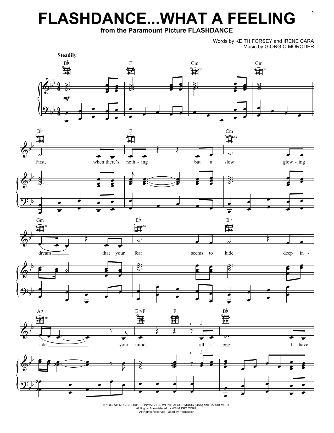 Irene Cara Flashdance...What A Feeling sheet music notes and chords arranged for Pro Vocal