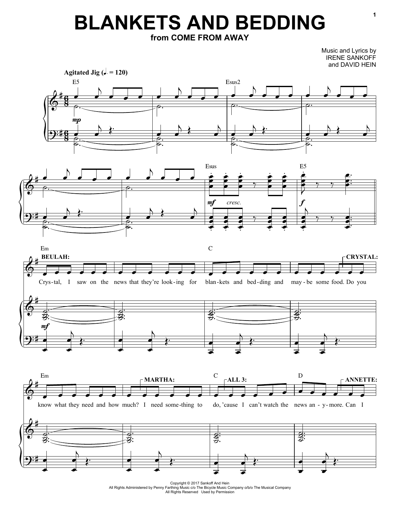 Irene Sankoff & David Hein Blankets And Bedding (from Come from Away) sheet music notes and chords arranged for Piano & Vocal