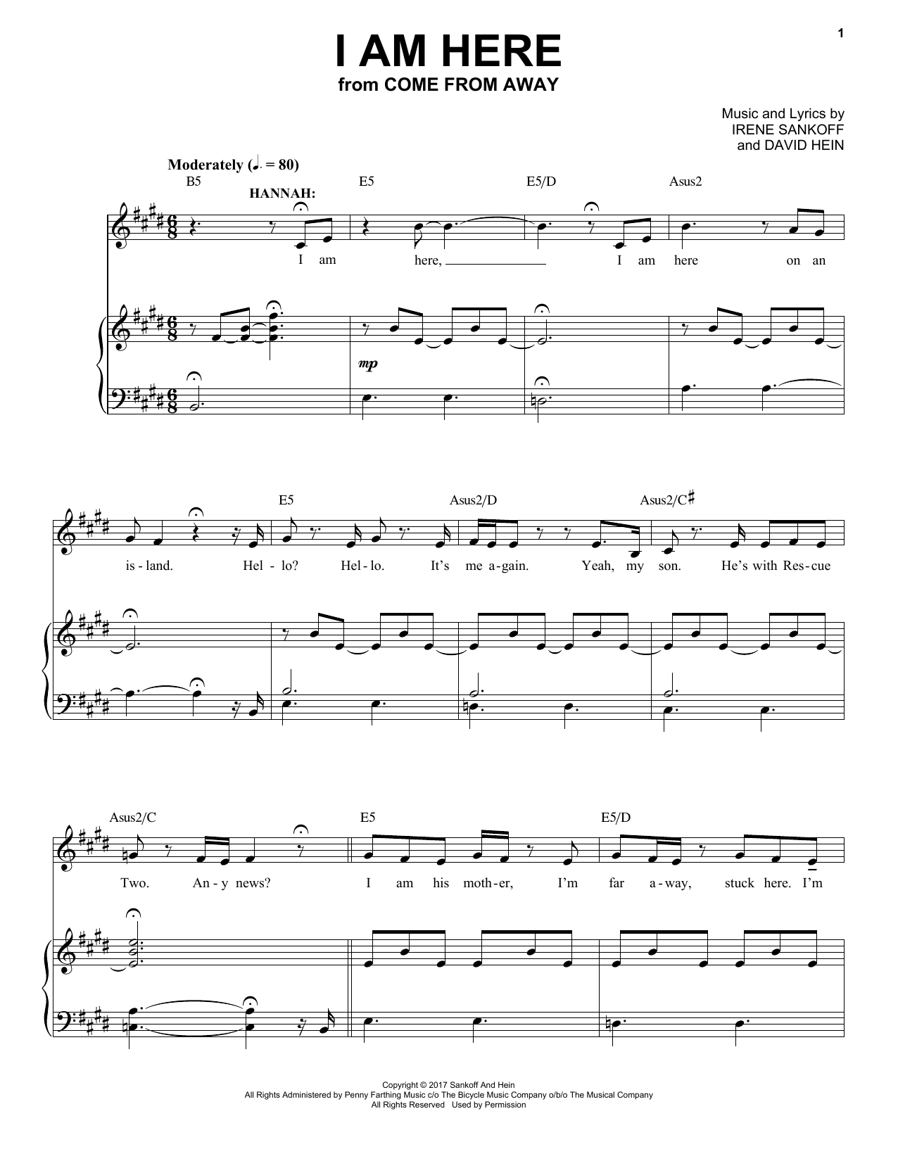 Irene Sankoff & David Hein I Am Here (from Come from Away) sheet music notes and chords arranged for Piano & Vocal