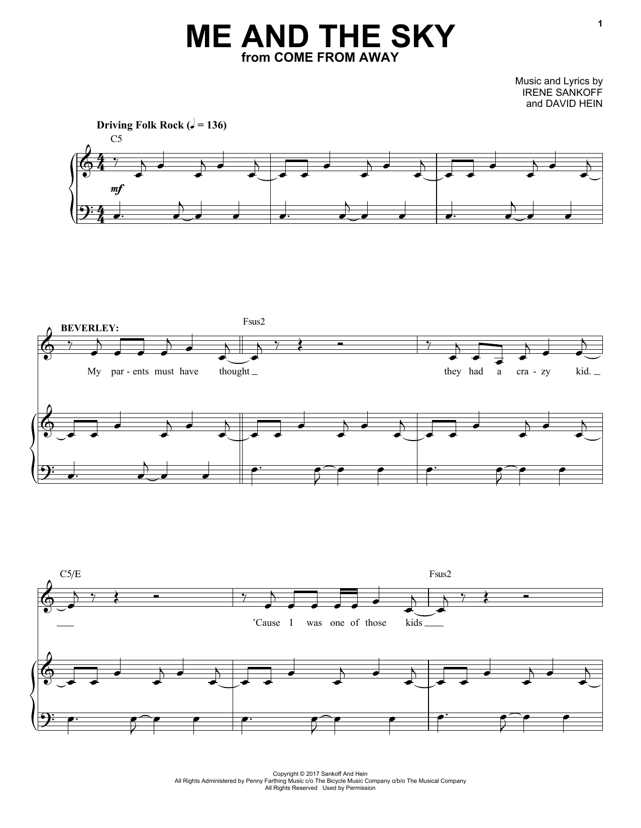 Irene Sankoff & David Hein Me And The Sky (from Come from Away) sheet music notes and chords arranged for Piano & Vocal