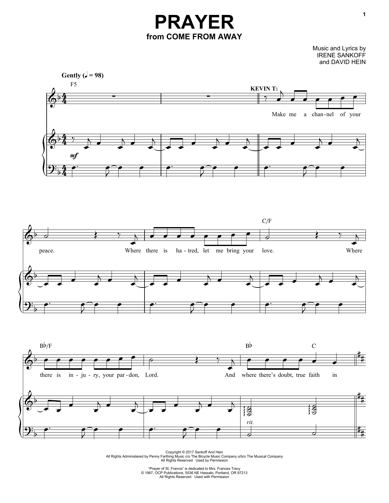 Irene Sankoff & David Hein Prayer (from Come from Away) sheet music notes and chords arranged for Piano & Vocal