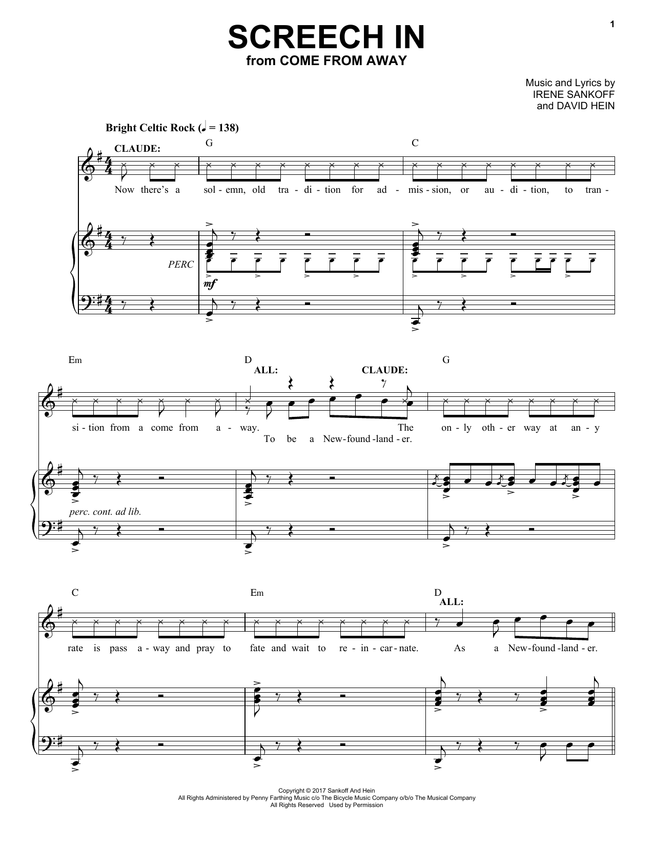 Irene Sankoff & David Hein Screech In (from Come from Away) sheet music notes and chords arranged for Piano & Vocal