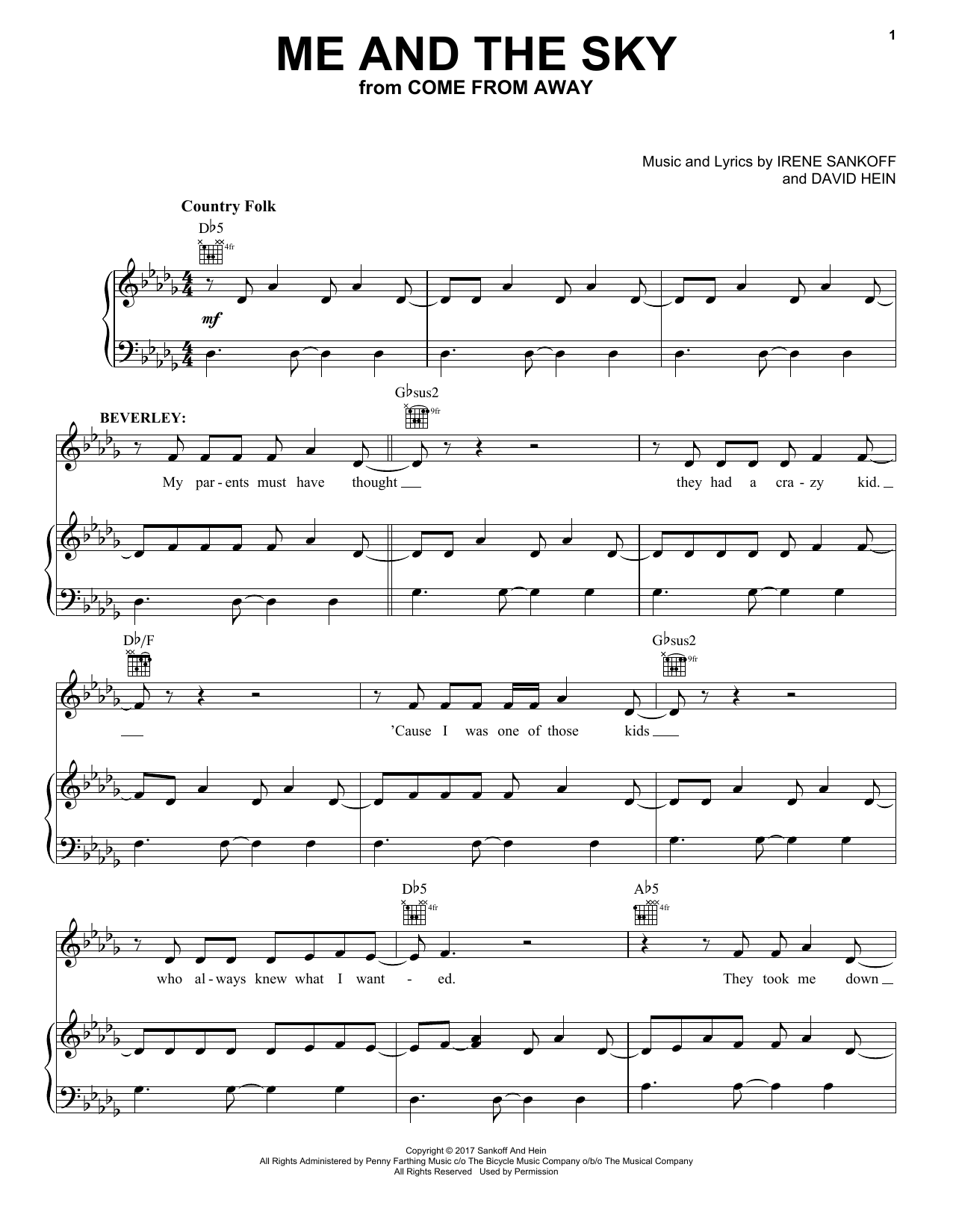 Irene Sankoff Me And The Sky sheet music notes and chords arranged for Piano, Vocal & Guitar Chords (Right-Hand Melody)