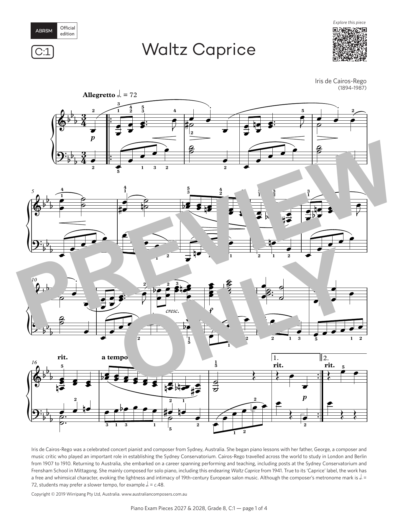 Iris de Cairos-Rego Waltz Caprice (Grade 8, list C1, from the ABRSM Piano Syllabus 2027 & 2028) sheet music notes and chords arranged for Piano Solo