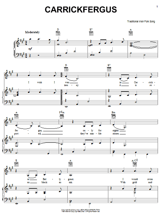 Irish Folksong Carrickfergus sheet music notes and chords arranged for Piano, Vocal & Guitar Chords (Right-Hand Melody)