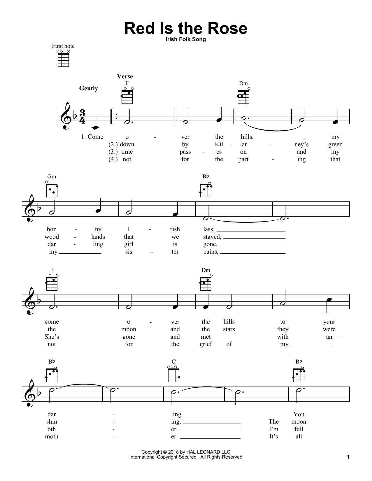 Irish Folk Song Red Is The Rose sheet music notes and chords arranged for Ukulele