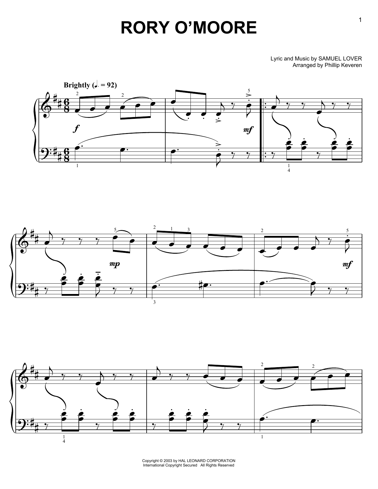 Irish Folk Song Rory O'Moore (arr. Phillip Keveren) sheet music notes and chords arranged for Easy Piano