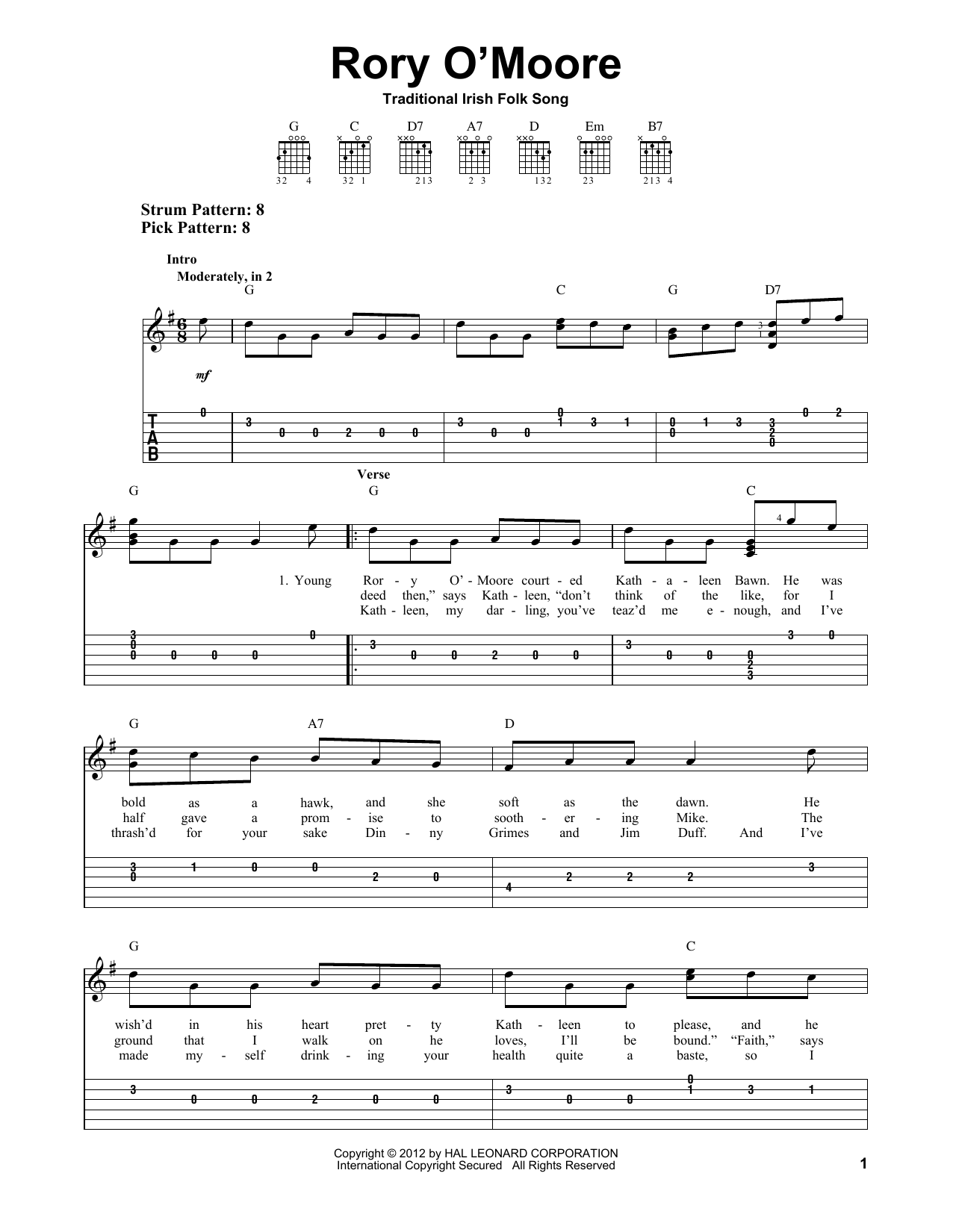 Irish Folk Song Rory O'Moore sheet music notes and chords arranged for Easy Guitar Tab