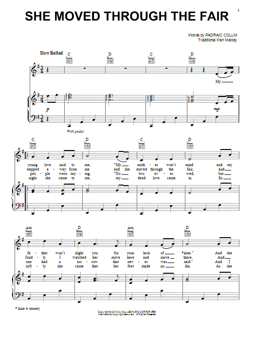 Irish Folksong She Moved Thro' The Fair (She Moved Through The Fair) sheet music notes and chords arranged for Piano, Vocal & Guitar Chords (Right-Hand Melody)