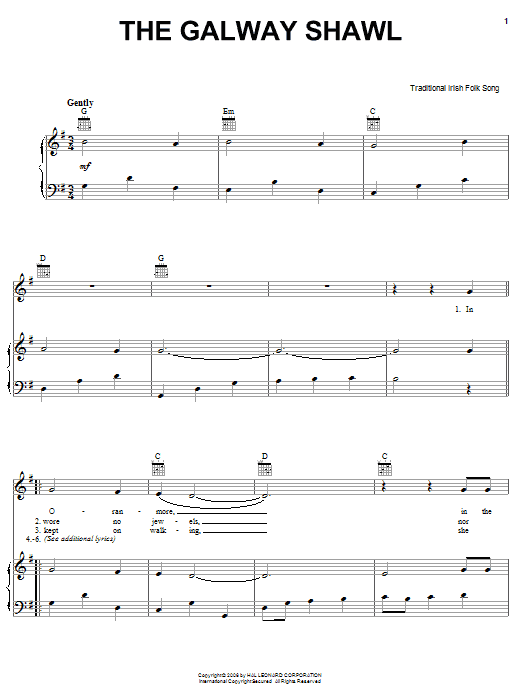 Irish Folksong The Galway Shawl sheet music notes and chords arranged for Piano, Vocal & Guitar Chords (Right-Hand Melody)