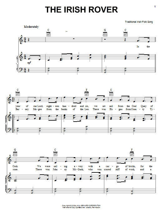Irish Folksong The Irish Rover sheet music notes and chords arranged for Piano, Vocal & Guitar Chords (Right-Hand Melody)