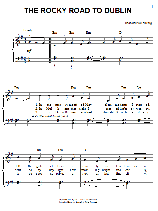 Irish Folksong The Rocky Road To Dublin sheet music notes and chords arranged for Easy Piano