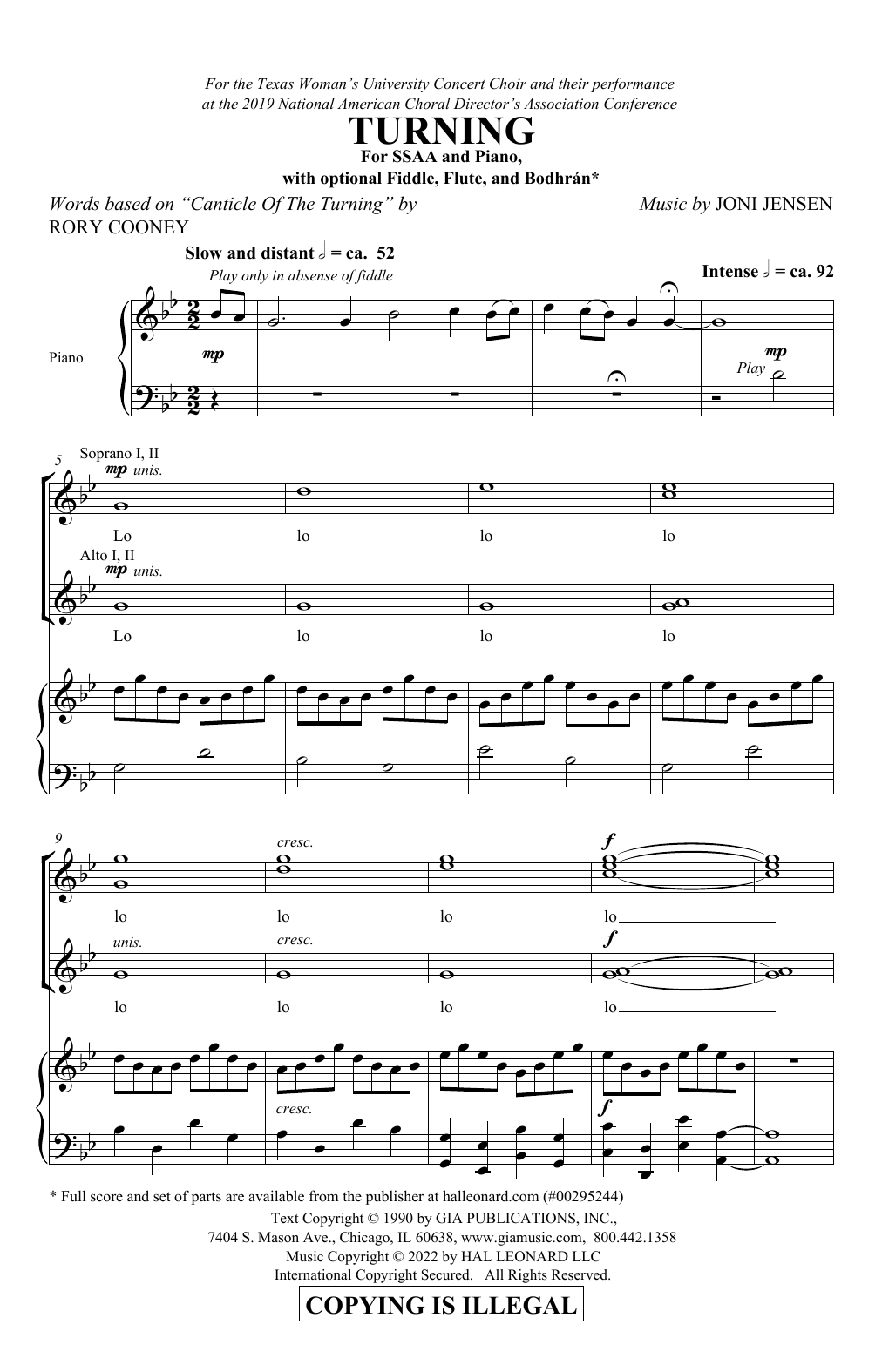 Irish Folk Song Turning (arr. Joni Jensen) sheet music notes and chords arranged for SSAA Choir
